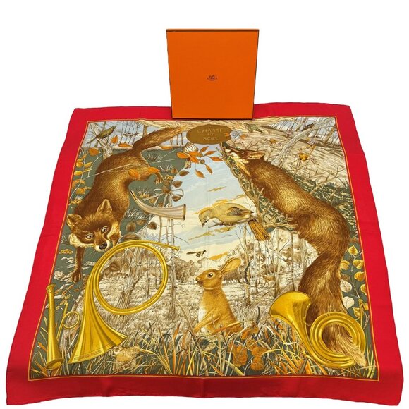 Authentic HERMES Large Scarf Carre 90 Forest Hunting Red Silk - Picture 1 of 16